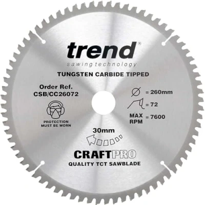 Abbildung von Trend Holz Kappsägeblatt, 260mm Durchmesser, 30mm Bohrung, 72 Zähne, HW, 2,6mm Schnittbreite, 5 Haken, CSB/CC26072
