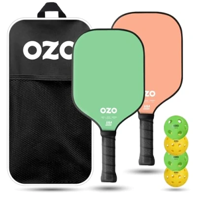 Abbildung von OZO Pickleball Set mit 4 Schlägern, Bällen und Tasche Spark Fusion Essence (Hybrid Schläger für Anfänger) + Injektionsbälle (2xIndoor+2xOutdoor) USAPA Zugelassen