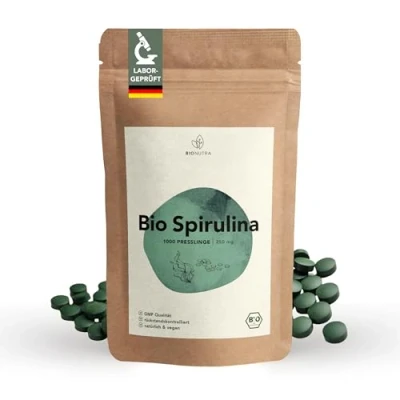 Abbildung von BIONUTRA® Bio Spirulina Tabletten 1000 x 250 mg, rückstandskontrolliert, nach EU ÖKO Standard hergestellt, vegan, laktose &amp; glutenfrei, ohne Zusätze, Presslinge