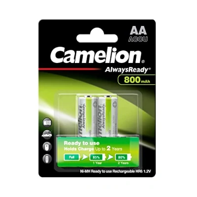 Abbildung von Camelion 17408206 Always Ready Ni MH Batterien AA / HR6, 2 Stück, Kapazität 800 mAh, wiederaufladbar, leistungsstarke Einwegbatterien für elektronische Geräte zur optimalen Energieversorgung