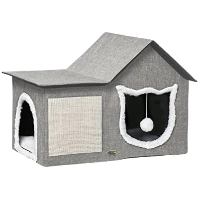 Abbildung von Katzenhöhle, Katzenhaus mit Kratzfläche, Doppeltüren, Spielball Polyester