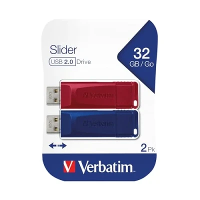 Abbildung von Verbatim Slider USB Stick Multipack 32GB, 2.0, 2x Speicherstick, für Laptop Notebook Ultrabook TV Autoradio, 2.0 Stick, Datenstick mit Schiebemechanismus, Rot Blau