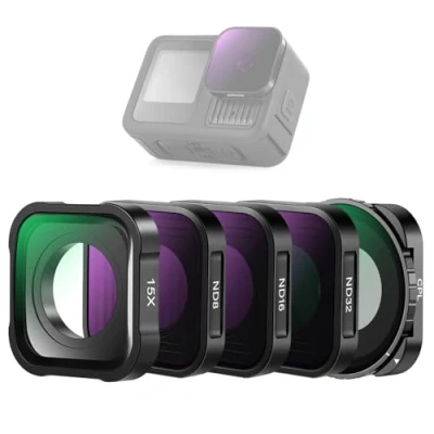 Abbildung von NEEWER ND Filter Set mit 15X Vergrößerungslinse, 4er Pack, ND8 ND16 ND32 Graufilter CPL Polfilter + Nahaufnahmeobjektiv für Makrofotografie, Zubehör kompatibel GoPro Hero 13 12 11 10 9, FL GP25