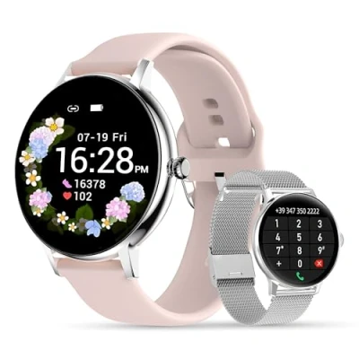 Abbildung von LUNIQUESHOP LSCALL Smartwatch mit Anrufen und Sprachassistenten Damen Uhr Aktivitätsarmband SpO2Blutdruck 2 Armbänder 1.32&#039;&#039; Fitnessuhr Telefonfunktion Whatsapp iOS Android Silber Pink