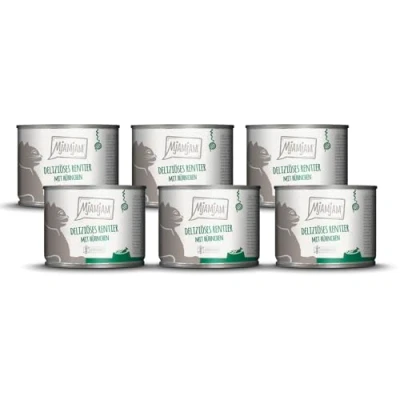 Abbildung von MjAMjAM Premium Nassfutter für Katzen deliziöses Rentier mit Hühnchen an leckeren Möhrchen, 6er Pack (6 x 200 g), getreidefrei extra viel Fleisch