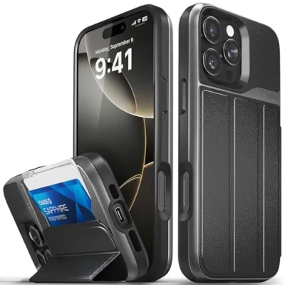 Abbildung von VENA vCommute Schutzhülle für iPhone 16 Pro Max, [Fallschutz in Militärqualität], Klapphülle aus Leder, Kartenhalter mit Ständer, Schwarz