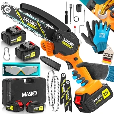 Abbildung von MASKO® Mini Kettensäge 800W, 8 Zoll, 8000mAh Akku Elektrische Motorsäge mit Automatischem Ölsystem Handkettensäge für Astschnitte &amp; Holzarbeiten Inkl. Koffer, 2x 4000mAh Akkus Ersatzketten