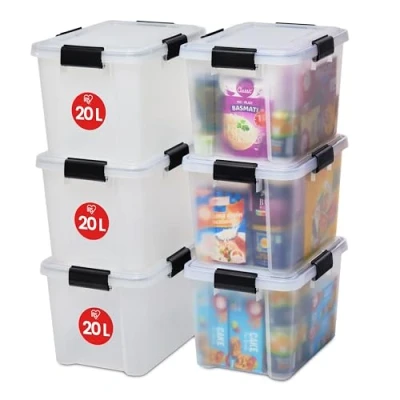 Abbildung von Iris Ohyama Luftdichte Kunststoff Aufbewahrungsboxen mit Deckel, 20L, 6er Set, Transparent, Hermetischer wasserdichter Verschluss, Robuste Schnappverschlüsse, Stapelbar, Staubschutz, BPA frei, AT SD