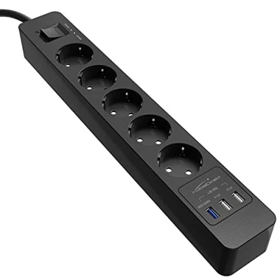Abbildung von KabelDirekt 5 Fach Steckdosenleiste &amp; Mehrfachsteckdose (USB, Quick Charge 3.0, Schnellladegerät, lädt geräteabhängig bis zu 3x schneller, Überspannungs /Berührungsschutz, TÜV geprüft, schwarz)