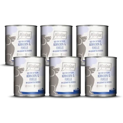 Abbildung von MjAMjAM Premium Nassfutter für Hunde DUO von saftigem Hühnchen &amp; Forelle an gedämpfter Zucchini, 6er Pack (6 x 800g), getreidefrei mit extra viel Fleisch