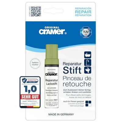 Abbildung von Cramer Reparatur Lackstift moosgrün hochwertiger Sanitärlack für Keramik, Emaille &amp; Acryl. Ideal Badewannen, Waschbecken Fliesen schnelle und einfache Ausbesserungen im Bad