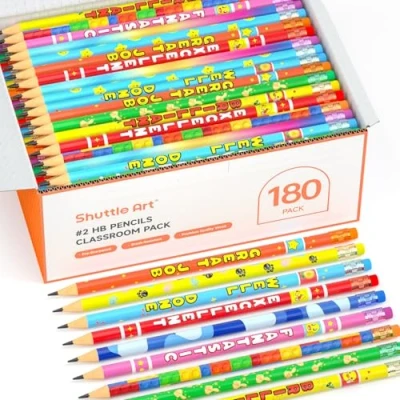 Abbildung von Shuttle Art HB Bleistifte mit Radiergummi, 180 Stück vorgespitzte 12 bunten Designs, Graphitstifte in Großverpackung, Jumbo Bleistift Kinder zum Schreiben, Zeichnen und Skizzieren