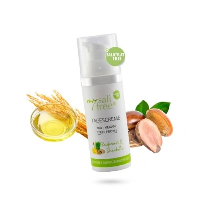 Abbildung von mysalifree BIO TAGESCREME, natürliche Gesichtspflege für sensible Haut mit Reiskeimöl und Sheabutter, 50ml, 100% zertifizierte Biokosmetik, weltweit einzigartig, + VEGAN FREE FROM