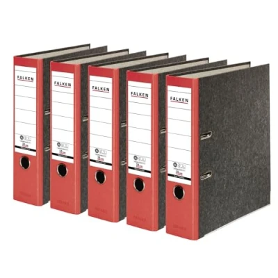 Abbildung von Original Falken 5er Pack Recycling Ordner Wolkenmarmor. Made in Germany. 8 cm breit DIN A4 roter Rücken Ringordner Aktenordner Briefordner Büroordner Pappordner CO2 Neutral Blauer Engel