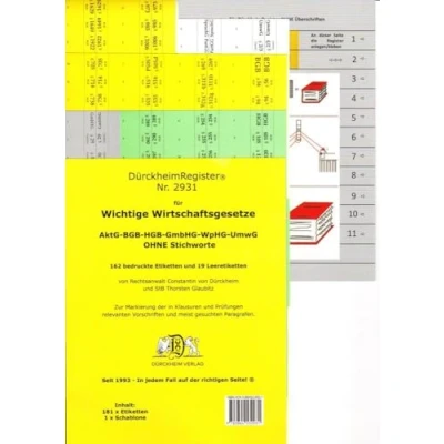Abbildung von DürckheimRegister® WICHTIGE WIRTSCHAFTSGESETZE (BGB, HGB, GmbHG, AktG, UmwG) §§ und Gesetze ohne stichworte: 155 Registeretiketten (sog. ... In jedem Fall auf der richtigen Seite®