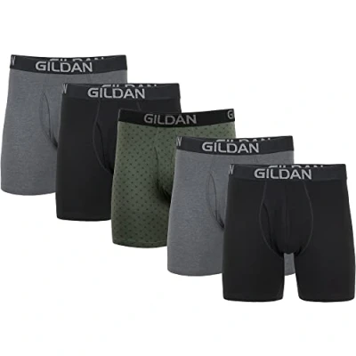 Abbildung von Gildan Herren Cotton Stretch Boxer Brief, Multipack Retroshorts, Schwarz/Heather Dark Grey/Green Midnight (5er Pack, normales Bein), X Large