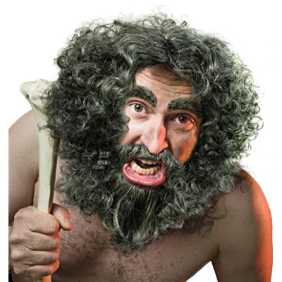 Abbildung von Perücke &amp; Bart + Augenbrauen Urmensch Neandertaler Waldschrat Einsiedler in grau/dunkelgrau zum Karneval bzw. Fasching