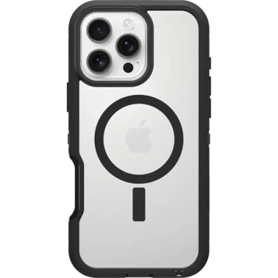 Abbildung von OtterBox Schutzhülle für iPhone 16 Pro Max Defender Series XT, transparente Hülle, dunkle Seite, Schwarz/Transparent