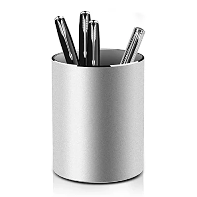 Abbildung von VAYDEER Metall Stiftehalter Runder Aluminium Stifteköcher Schreibtisch Organizer und Bleistift Aufbewahrungsbox für Büro, Schule, Haushalt Kinder, 8x10 cm, Silber