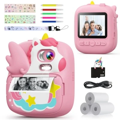 Abbildung von CAMCLID Kinderkamera Sofortbildkamera, 2,4 Zoll Sofortbildkamera Kinder mit 32G TF Karte und Fotopapier Drucken, 1080P HD Digitalkamera Kinder, Geschenke für Jungen Mädchen 3 12 Jahre (Rosa)
