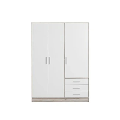 Abbildung von FORTE Jupiter Schrank 140 150, Kleiderschrank, Drehtürenschrank, 3 türig, mit Schubladen und Einlegeböden, Weiß Holz Dekor: Sandeiche, 145 cm breit x 60 tief 200 hoch