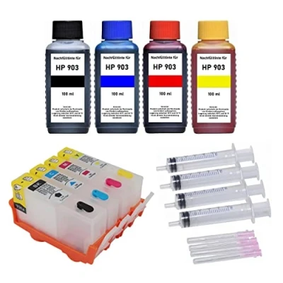Abbildung von Wiederbefüllbare Tintenpatronen kompatibel mit HP 903 (XL) Black Cyan Magenta Yellow + 400 ml Nachfülltinte für OfficeJet 6950, Pro 6868, 6960, 6970, 6975, 6978