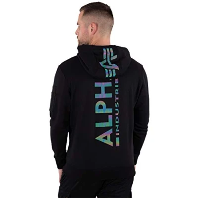 Abbildung von ALPHA INDUSTRIES Herren Back Print Hoody Rainbow Refl.Print Kapuzensweat Kapuzenpullover, Black, XS
