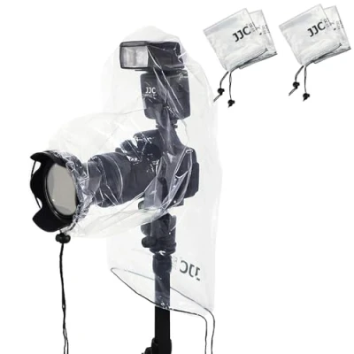 Abbildung von 4 Stück transparente Kamera Regenschutz für Canon, Nikon, Fujifilm, Sony, Olympus, Panasonic und andere DSLR Kameras mit einem Objektiv