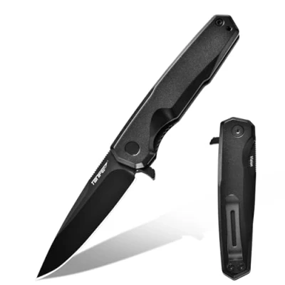 Abbildung von TONIFE Vision Klappmesser Outdoor Messer mit 8Cr14MoV Klinge und Aluminium Griff Survival Taschenclip Bushcraft (Schwarz Schwarz Titan)