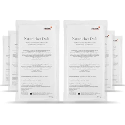 Abbildung von Pulox Paraffin Wachs 6 Stk. a 450g Neutraler Duft Niedriger Schmelzpunkt Therapeutische und ästhetische Verwendung