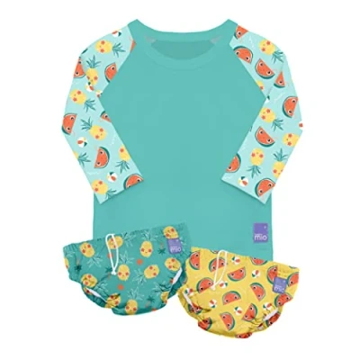 Abbildung von Bambino Mio, revolutionäres wiederverwendbares Schwimm Set 2 Schwimmwindeln und 1 Schwimmshirt für Babys Kleinkinder, Sonnenschutz LSF40+