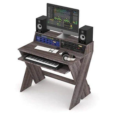 Abbildung von Glorious Sound Desk Compact Walnut Kompakte Studio Workstation im smarten Design mit großer Arbeitsfläche, ausziehbarem Keyboard Fach, 2 x 3 HE Racks und Kabelkanal Inneren