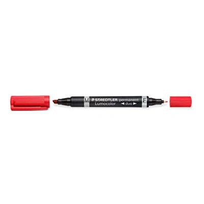 Abbildung von STAEDTLER Doppel Marker Lumocolor, rot, wisch und wasserfest auf fast allen Oberflächen, dicke dünne Spitze, nachfüllbar, lange Lebensdauer, 10 im Kartonetui, 348 2