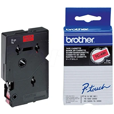 Abbildung von Brother TC491 Schriftbandkassette 9mm x 7,7 m laminiert rot/schwarz für P touch 8e 500/2000/3000/5000