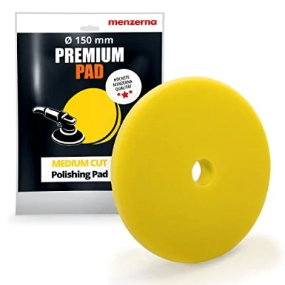 Abbildung von detailmate Set Menzerna Medium Cut Foam Pad 150 mm Polierschwamm mittlerer Härtegrad gelb + 2 Nitril Schutzhandschuhe