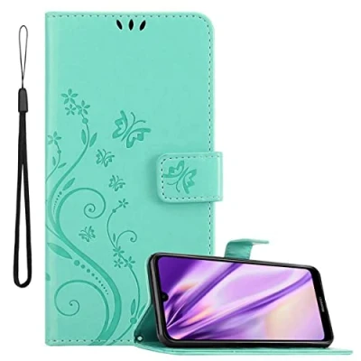 Abbildung von Cadorabo Hülle kompatibel mit Huawei Y6 2019 Blumen Design aus Premium Kunst Leder Flip Klappbare Stoßfeste Magnetische [Standfunktion] [Kartenfächern] Cover für Tasche in Türkis