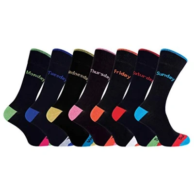 Abbildung von 7er Pack Herren Tage Wochentag Schwarz Baumwolle Muster Komfortbund Socken (39 45, der Woche)
