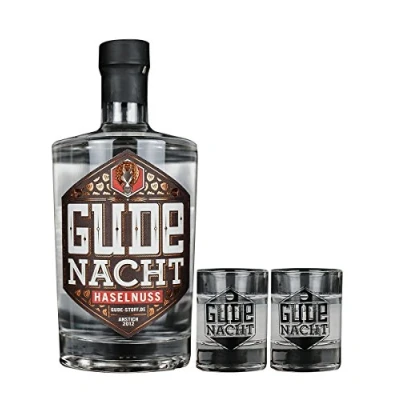 Abbildung von GUDE NACHT Haselnuss mit zwei Shot Gläsern Geschenkpaket Haselnusslikör Likör aus Hessen (500ml 29,0%vol.alc.)