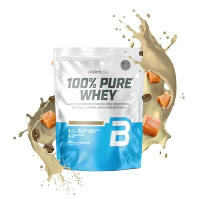 Abbildung von BioTechUSA 100% Pure Whey Proteinpulver mit BCAA und Glutamin Glutenfrei, Palmölfrei 21g Protein pro Portion, 1 kg, Karamell Cappuccino