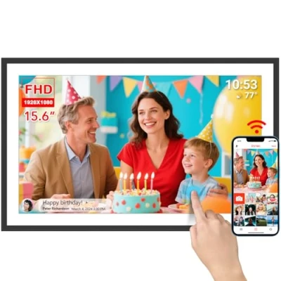 Abbildung von FRAMEO Digitaler Fotorahmen 15,6 Zoll extra große WiFi mit 32GB 1920 * 1080 IPS HD Touchscreen Desktop und Wandmontage Teilen von Fotos Videos über APP Wetter Musik