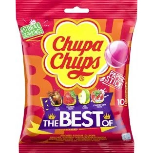 Abbildung von Chupa Chups Best of Lutscher, Nachfüll Beutel enthält 10 Lollis in den 4 Geschmacksrichtungen Cola, Erdbeeren, Apfel, Erdbeere Sahne