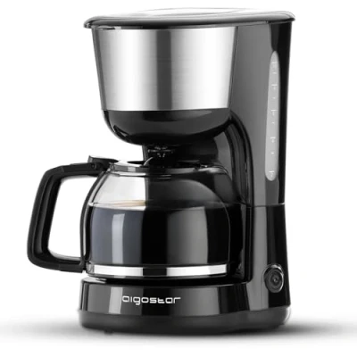 Abbildung von Aigostar Kaffeemaschine Edelstahl, 1000watt Filterkaffeemaschine Glaskanne bis 10 Tassen, 1,25l, Warmhalteplatte, Abschaltautomatik, Tropf Stopp, schwarz