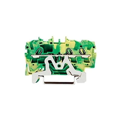 Abbildung von WAGO Durchgangsklemme 2,5mm² Federklemme gelb/grün 4 Leiter Mitte/Seite Kennzeichnung geeignet für Ex e II Anwendungen 550 V, 22 A