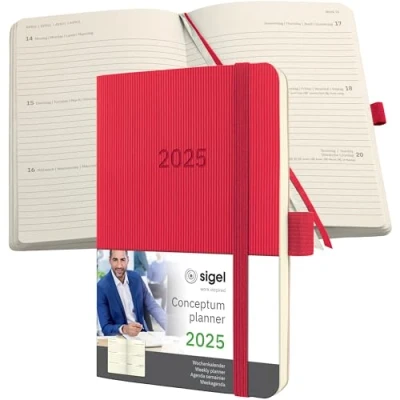 Abbildung von SIGEL C2535 Terminplaner Wochenkalender 2025, ca. A6, rot, Softcover, 176 Seiten, Gummiband, Stiftschlaufe, Archivtasche, aus nachhaltigem Papier, Conceptum