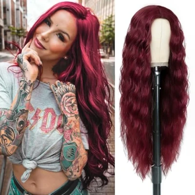 Abbildung von PORSMEER Damen Perücke Weinrot Lang Lockige Perücken für Frauen, Natürlich Mittelscheitel Lange Locken Rot Dunkelrot Haar, Anime Cosplay Halloween Wigs 28 Zoll