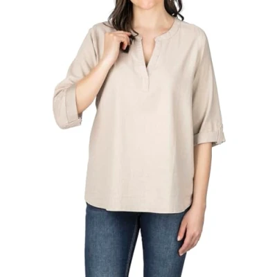 Abbildung von DENIMFY Hemdbluse Damen Leinen Bluse DFSara Regular Fit Tunika mit V Ausschnitt und Serafino Kragen
