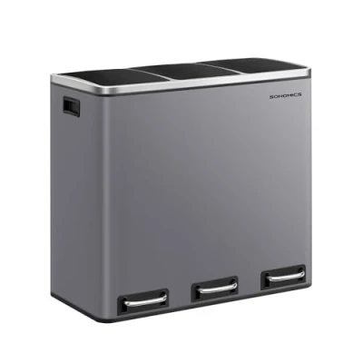 Abbildung von SONGMICS Mülleimer Küche, 3 x 18 L, Mülltrennsystem Fächer, inklusive 15 Müllbeutel, Abfalleimer, Treteimer, für recycelbare Abfälle, Biomüll, mit Deckel, mattgrau LTB054G01