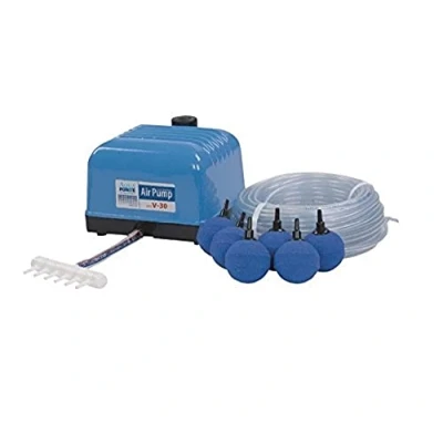 Abbildung von AquaForte Hi Flow V 30 Luftpumpenset, Komplettset mit Luftverteilern, 25 m Schlauch 4 x 6 mm und Luftsteine 5 cm, Kapazität bei 2 Meter 7 Liter pro Minute, Maximaler Teich 18 m3