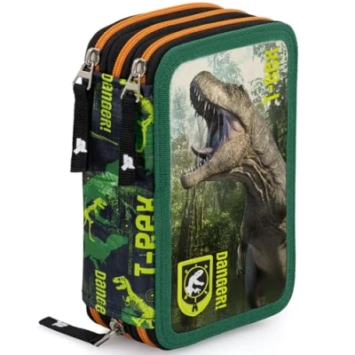 Abbildung von Jungen 3 Fach Federmäppchen 45 teilig, komplett gefüllt mit 2 löschbaren Gelstiften, Schere, Kleber, Buntstiften ideal für Schule &amp; als Geschenk Julian Ross T Rex Dinosaurier