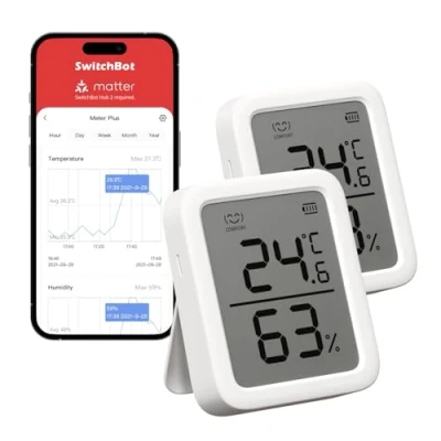 Abbildung von SwitchBot Thermometer Hygrometer Innen, Bluetooth Digital Temperatur Feuchtigkeit Sensor mit APP &amp; Datenspeicherung, Taupunkt/VPD/Absolute Feuchtigkeitssensor 2 Packung